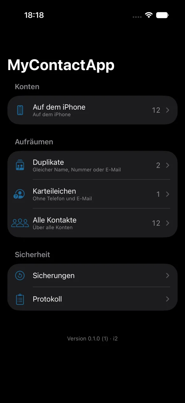 MyContactApp: Übersicht mit Konten, Aufräumen (Duplikate, Karteileichen) und Sicherheit